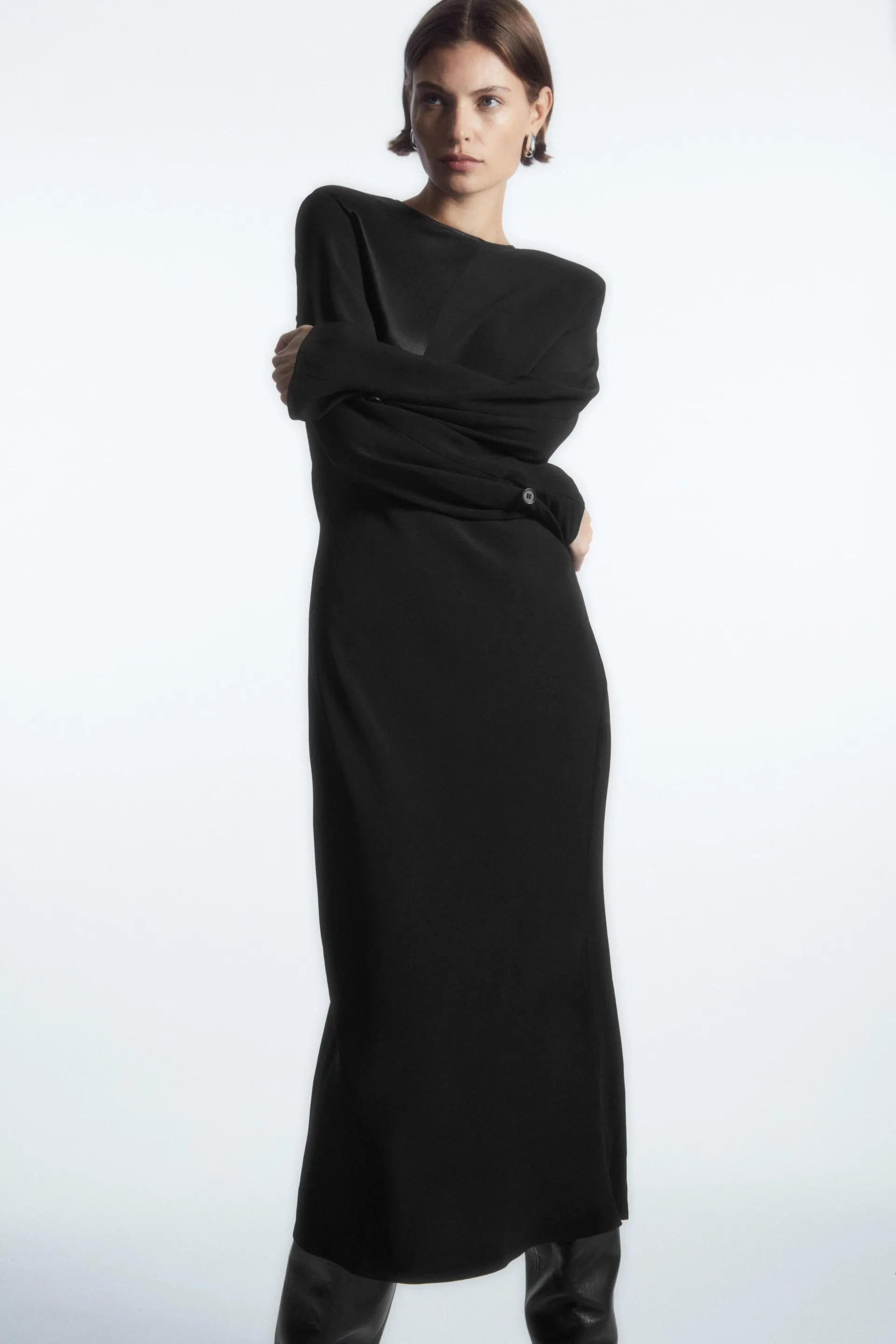 POWER-SHOULDER SATIN-PANEL MIDI DRESS