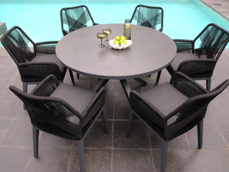Adele Round Ceramic Table with Serang Chairs 7pc Outdoor Dining Setting