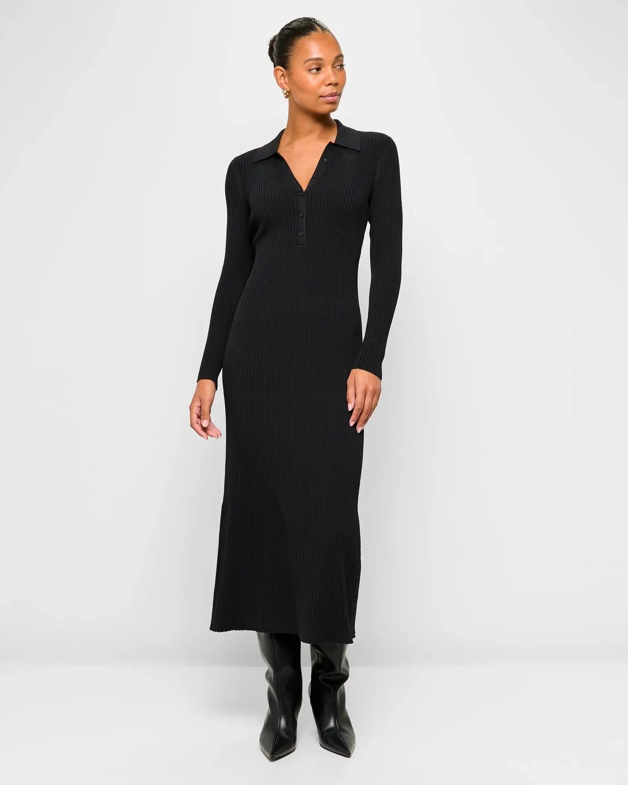 Long Sleeve Polo Rib Knit Dress - Preview - Black
