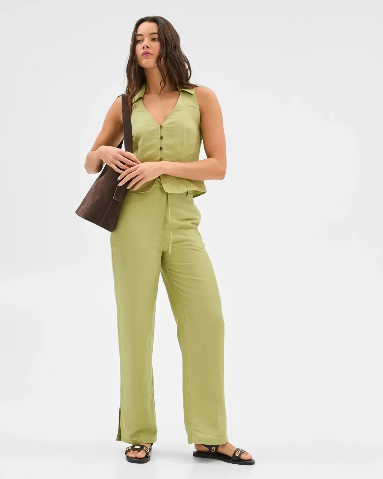 European Linen Blend Tie Detail Pants - Lily Loves - Sage