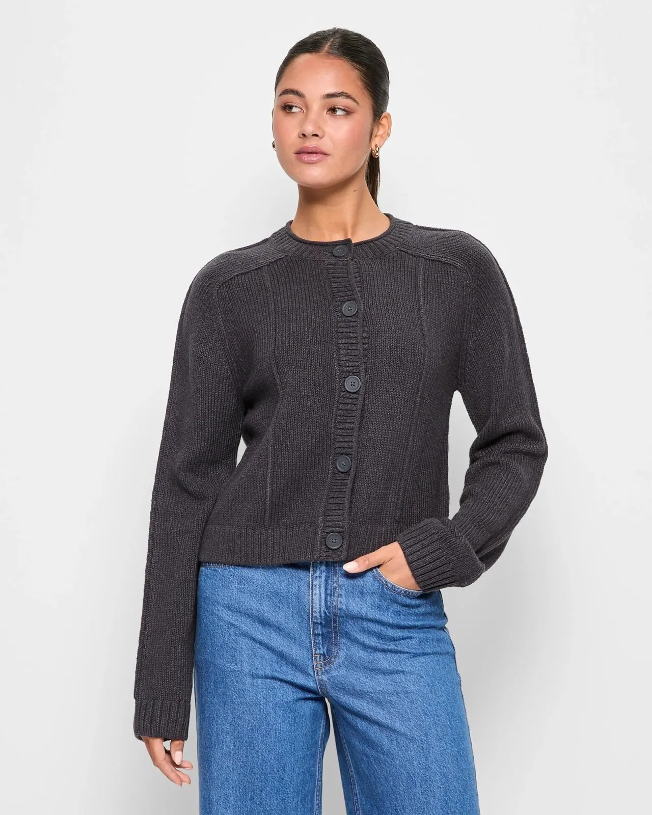 Australian Cotton Exposed Seam Knit Cardigan - Lily Loves - Charcoal Marle