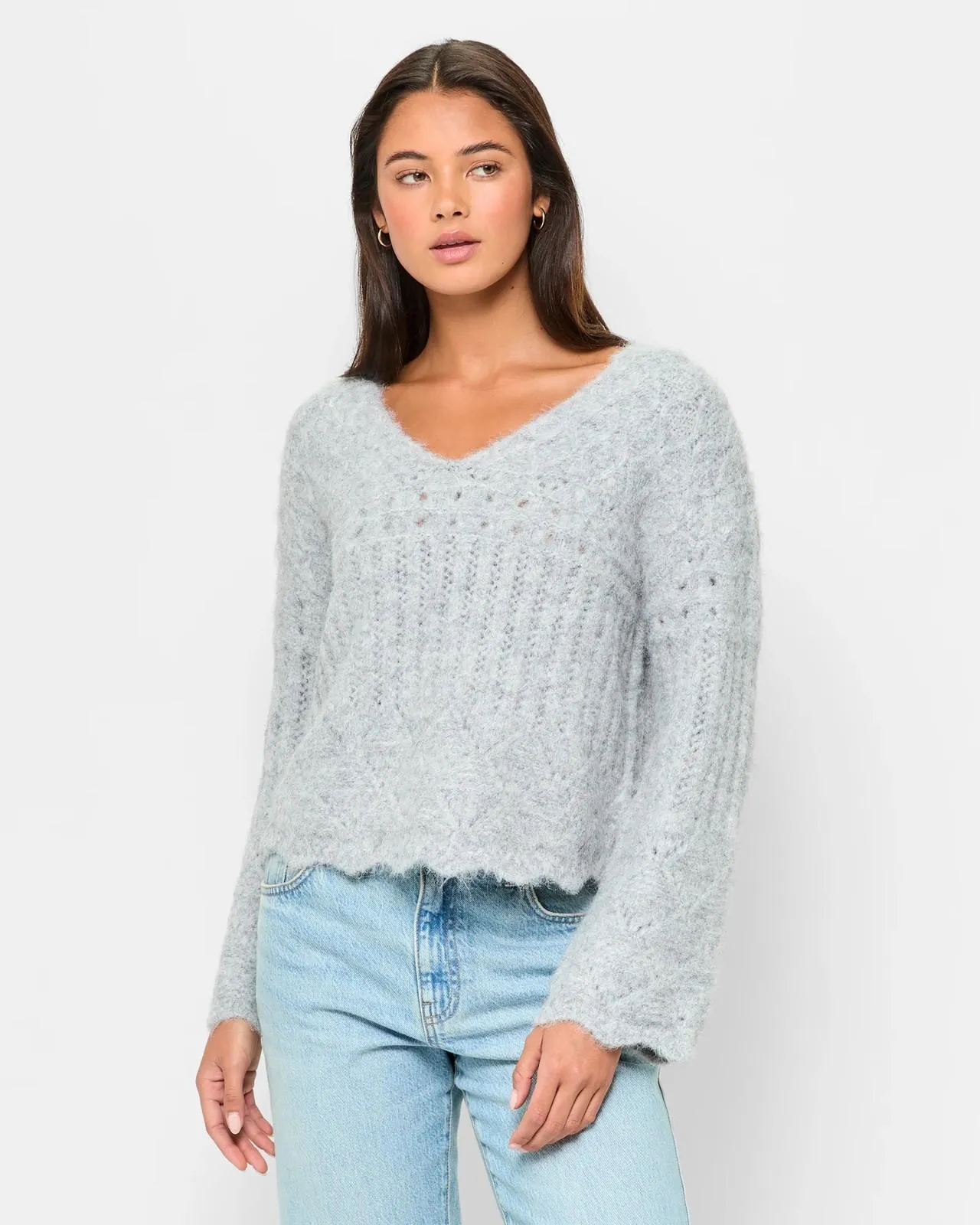 Pointelle V-Neck Jumper - Lily Loves - Light Grey Marle