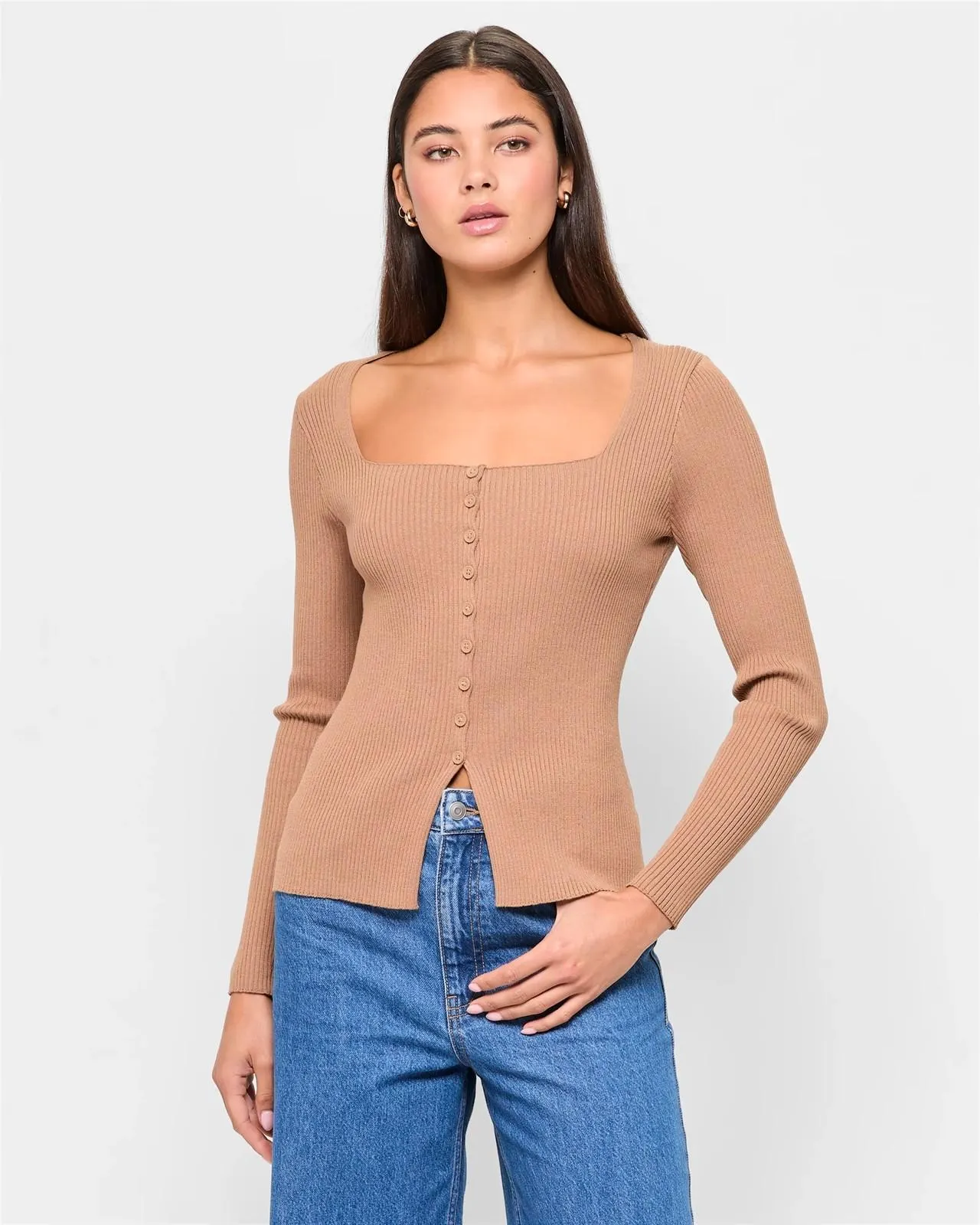 Button Front Knit Top - Lily Loves - Burro