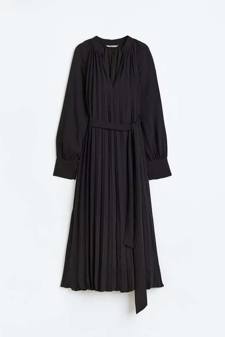Pleated Tie Belt Dress