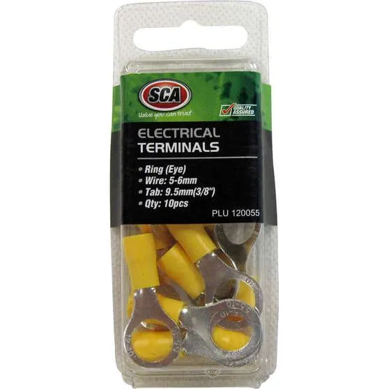 SCA Electrical Terminals - Ring (Eye), 9.5mm Yellow, 10 Pack