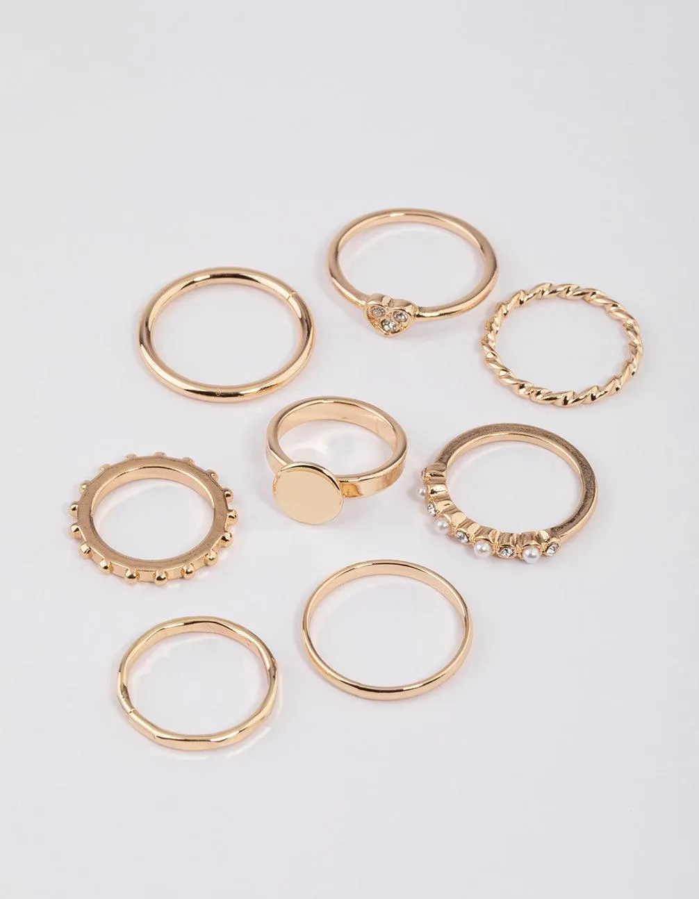 Gold Disc & Diamante Heart Ring 8-Pack
