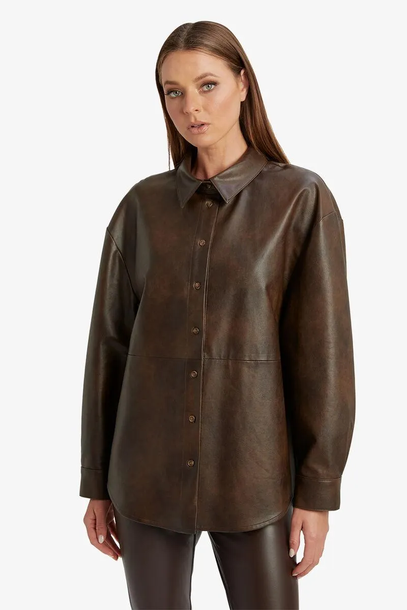 jaedon vegan leather shirt in dark chocolate