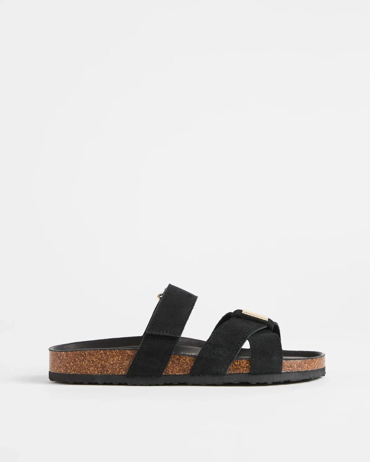 Womens Cross Strap Genuine Leather Moulded Cork Sandal - Kaya - Black