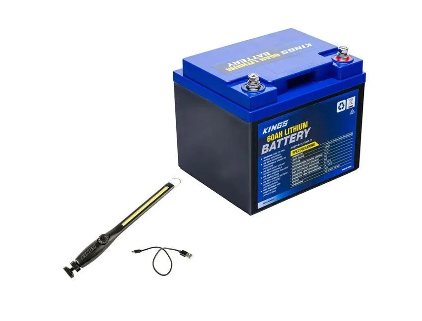 Kings 12V 60Ah Deep Cycle Lithium LiFePO4 Battery + Rechargeable Lithium LED Worklight