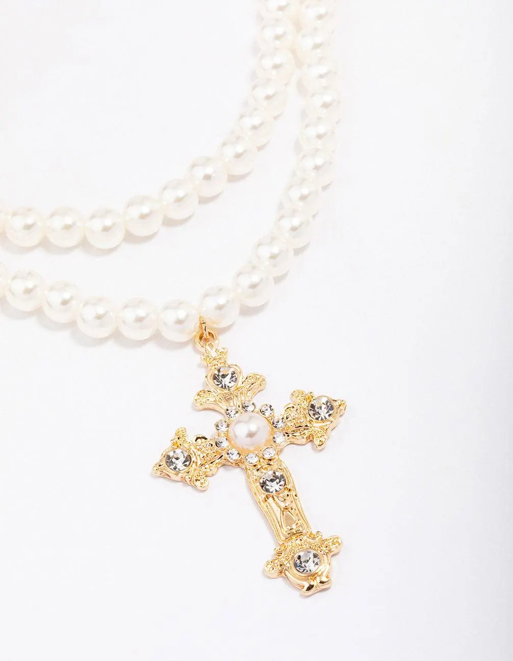 Gold Pearl Cross Multi Row Layered Necklace