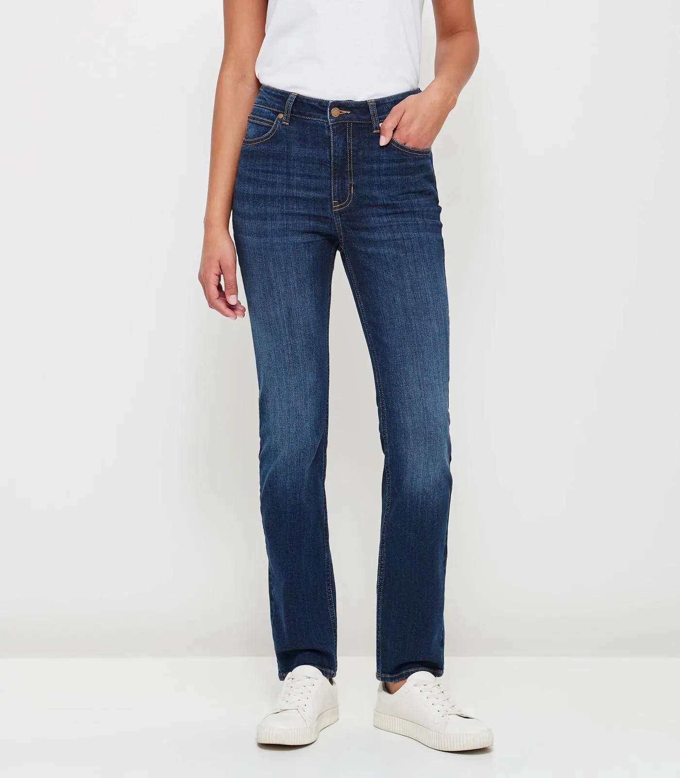 Alexa Straight High Rise Full Length Denim Jeans - Dark Blue Wash
