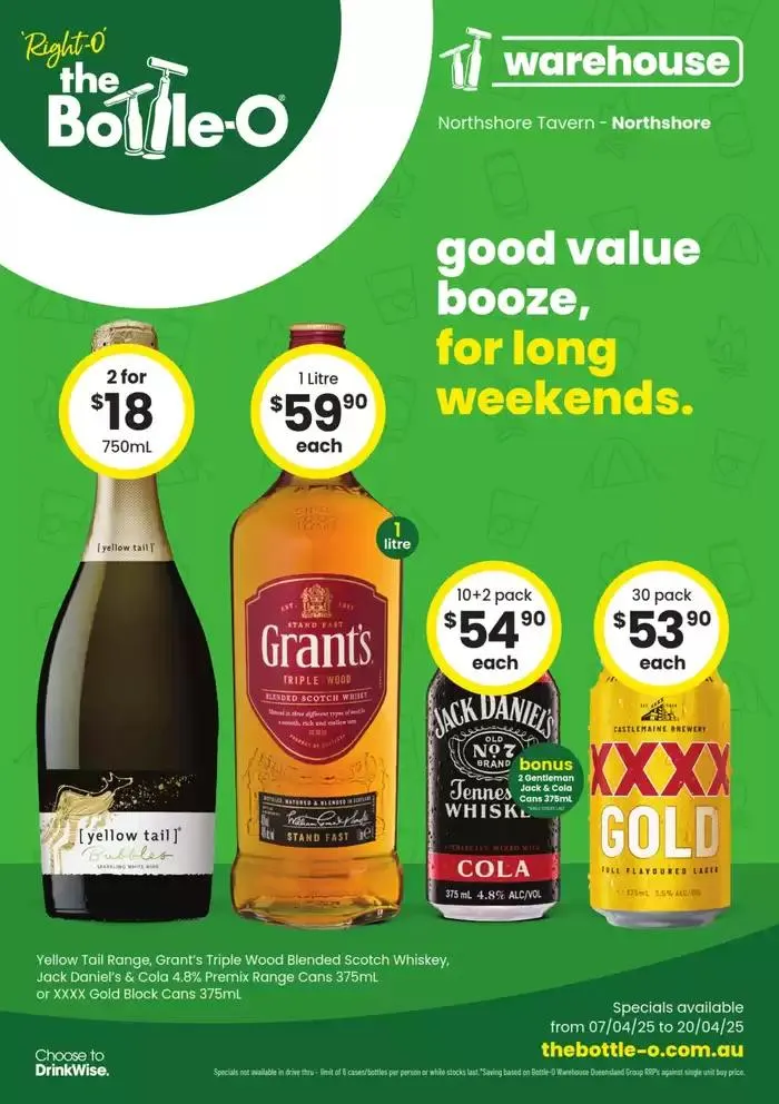 Good Value Booze, For Long Weekends. QLD 07/04 - Catalogue valid from 7 April to 20 April 2025 - page 1