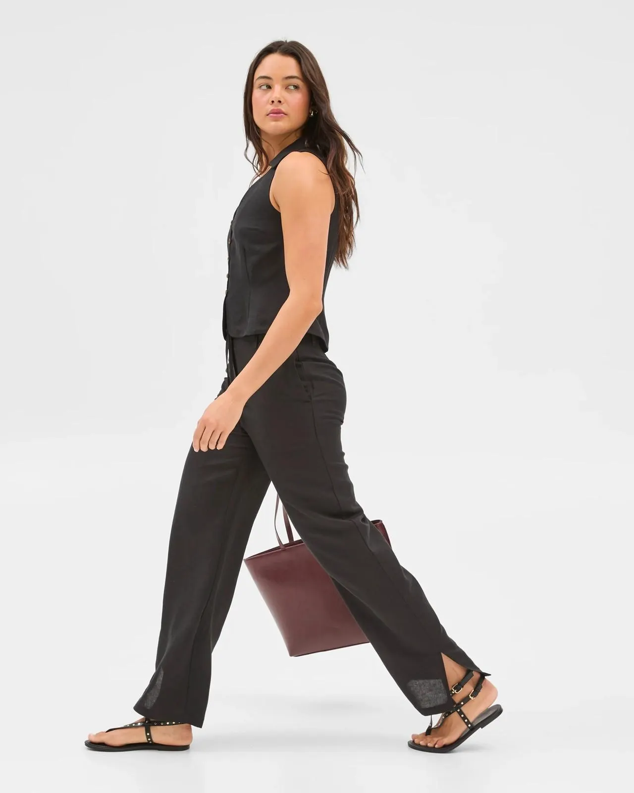 European Linen Blend Tie Detail Pants - Lily Loves - Black