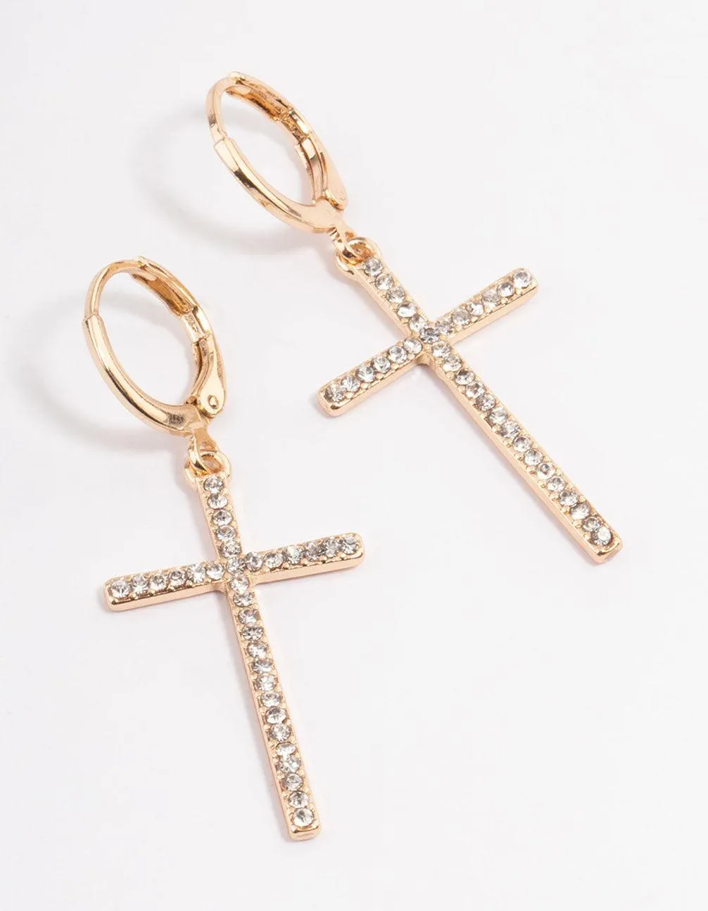 Gold Diamante Cross Huggie Earrings