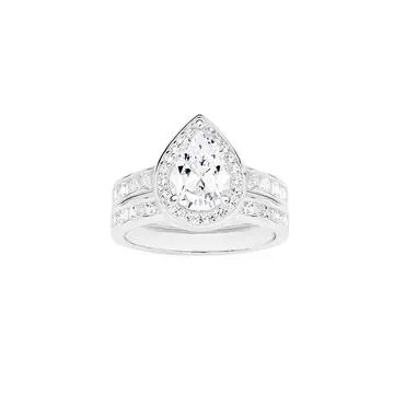 Silver Pear Cubic Zirconia Halo Wedder Set Ring
