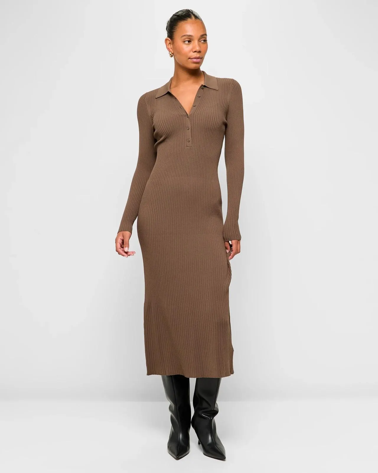 Long Sleeve Polo Rib Knit Dress - Preview - Cedar