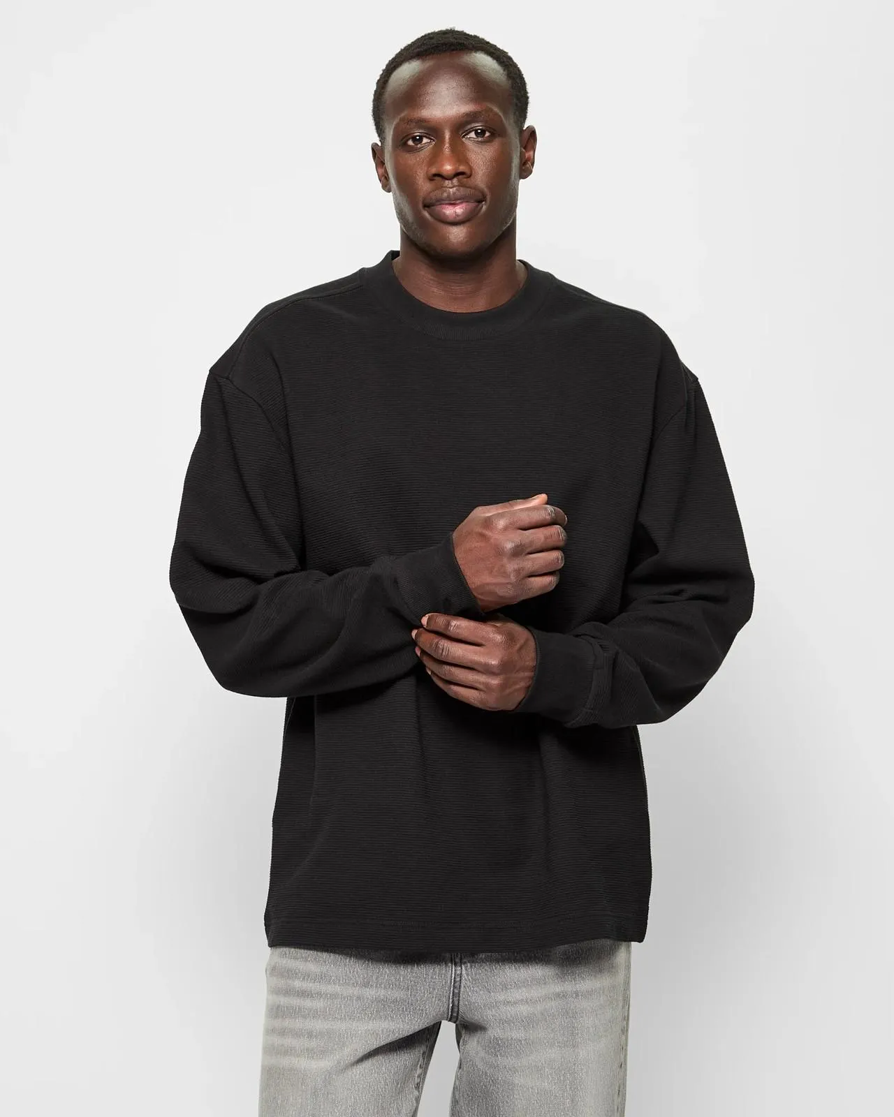 Australian Cotton Textured Long Sleeve T-Shirt - Commons - Black