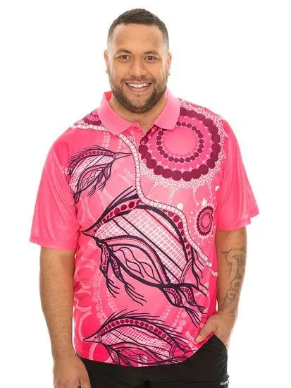 Big Mens Aboriginal Art Polo Top Pink