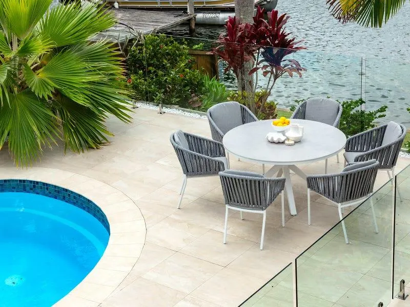 Adele Round Ceramic Table with Melang Chairs 7pc Outdoor Dining Setting