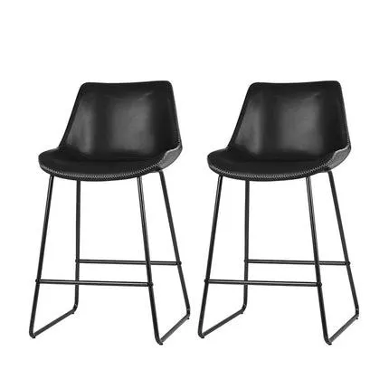 Set of 2 Bar Stools Kitchen Metal Bar Stool Dining Chairs PU Leather Black
