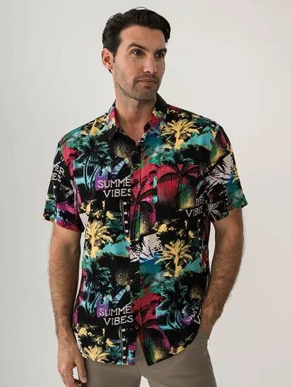 Pacifica Short Sleeve Rayon Shirt Summer Vibes Print Black