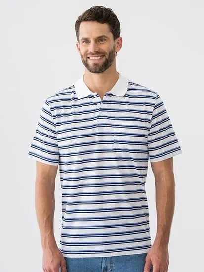 Lowes Short Sleeve Stripe Polo White Navy Blue