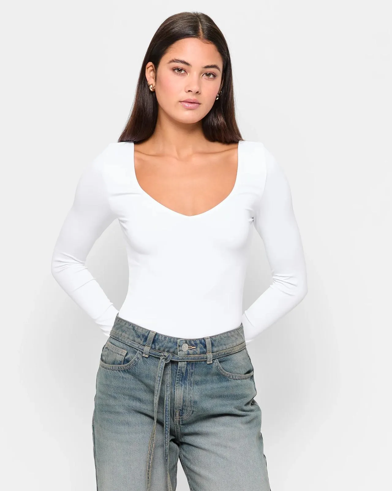 Body Scoop V-Neck Bodysuit - Lily Loves - White