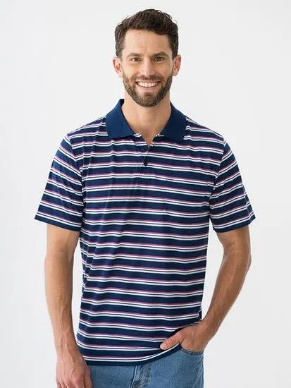Lowes Short Sleeve Stripe Polo Navy Magenta Blues & White