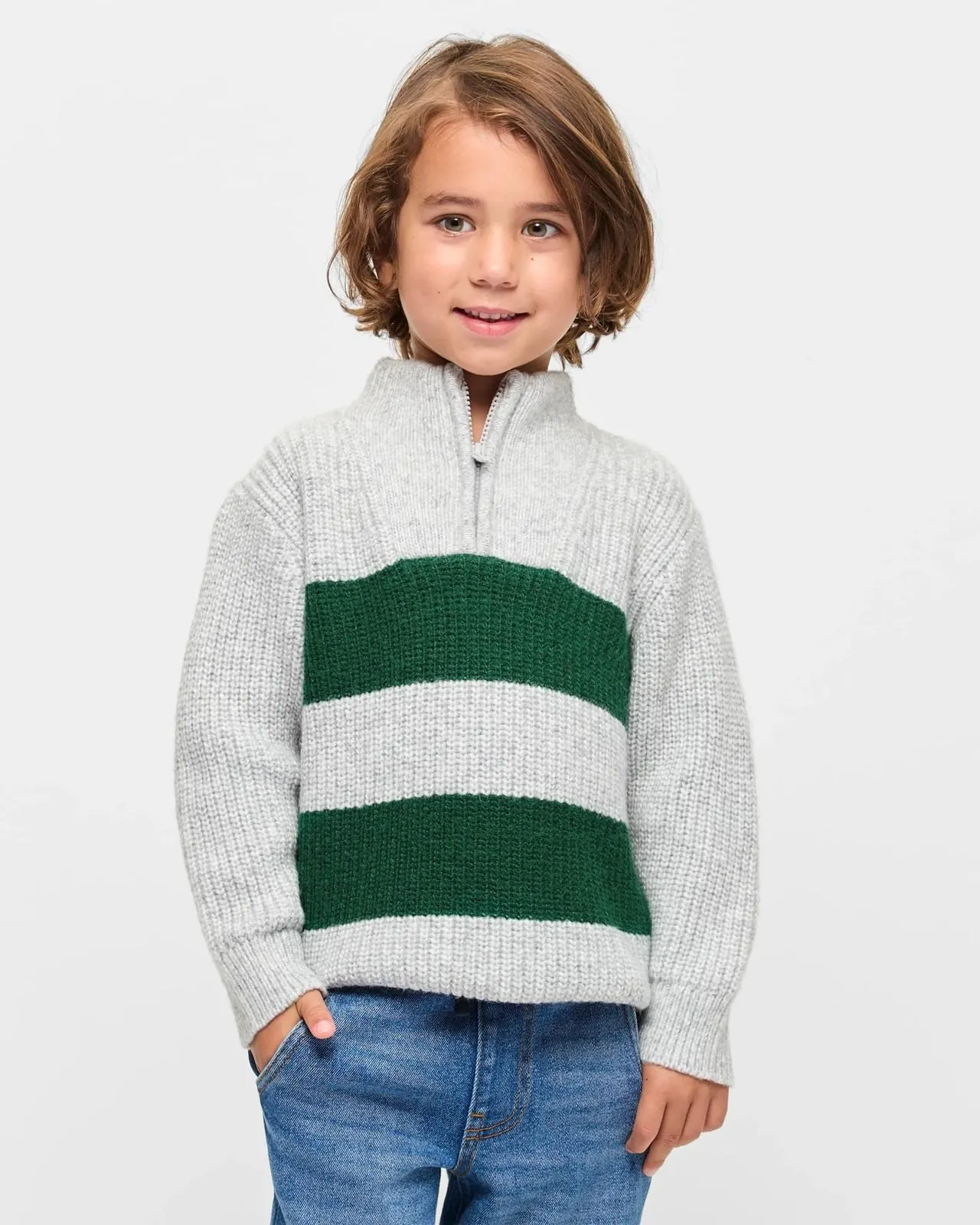 Qtr Zip Neck Knit Jumper - Grey / Green