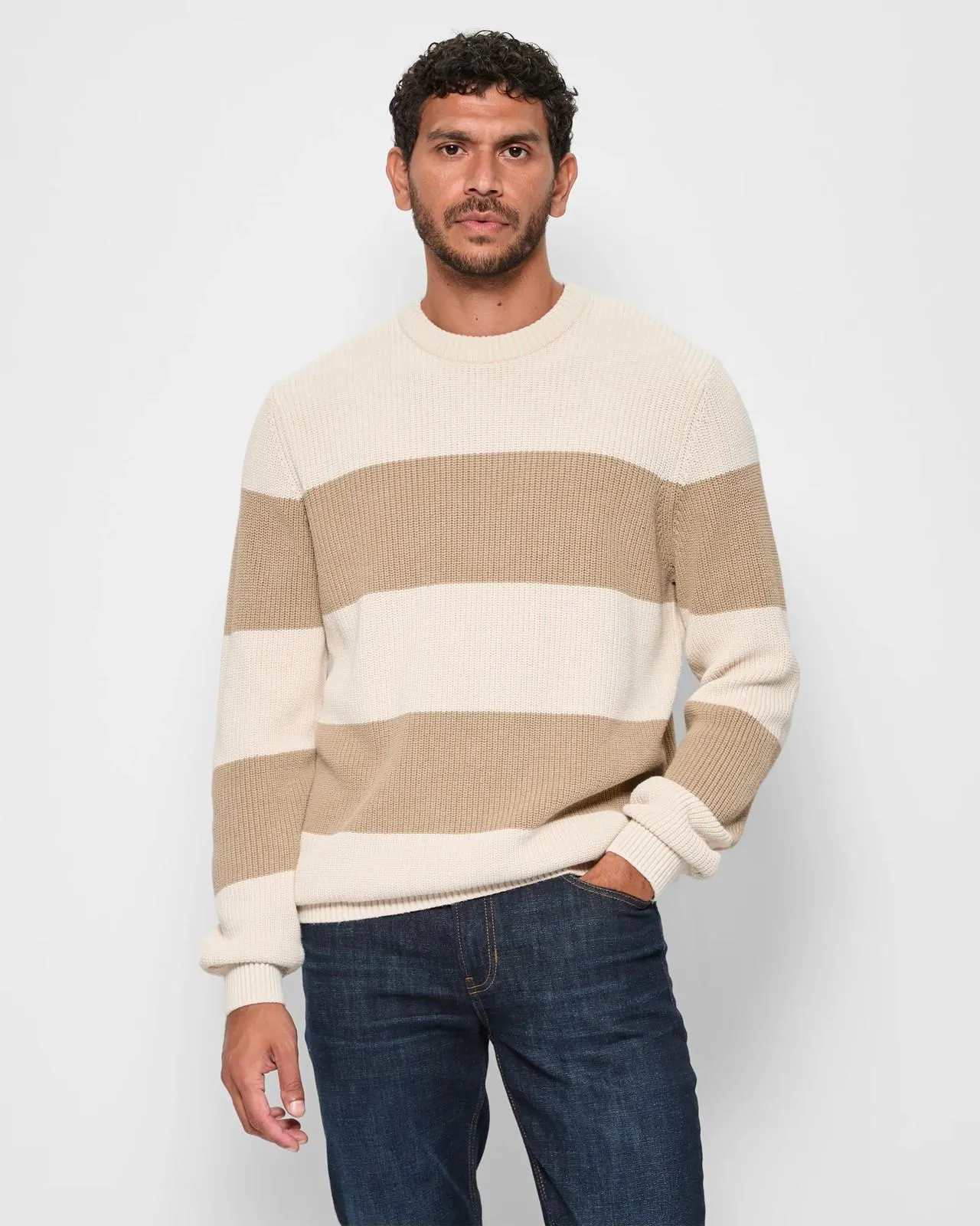 Australian Cotton Twin Stripe Knit Jumper - Khaki/Neutral