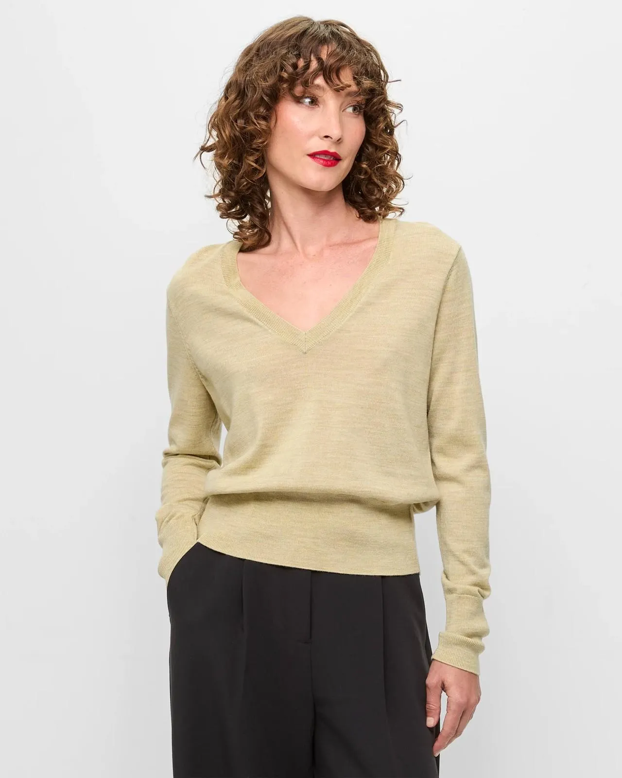 Long Sleeve Merino V-Neck Jumper - Preview - Matcha Marle