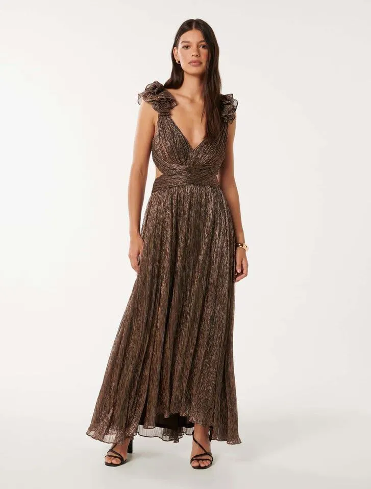 Selena Plisse Ruffle-Shoulder Maxi Dress