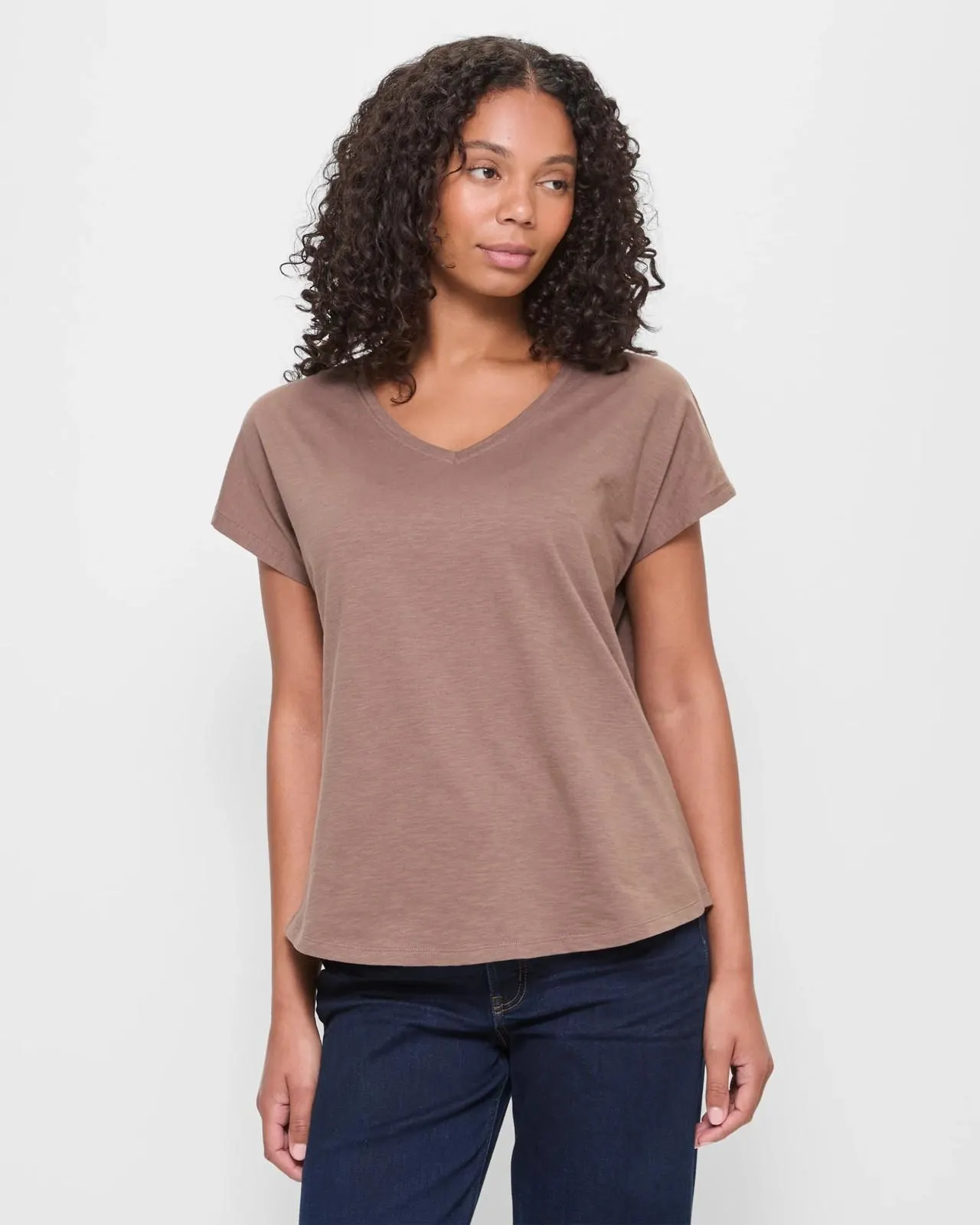 Australian Cotton V-Neck Slub T-Shirt - Muted Mocha