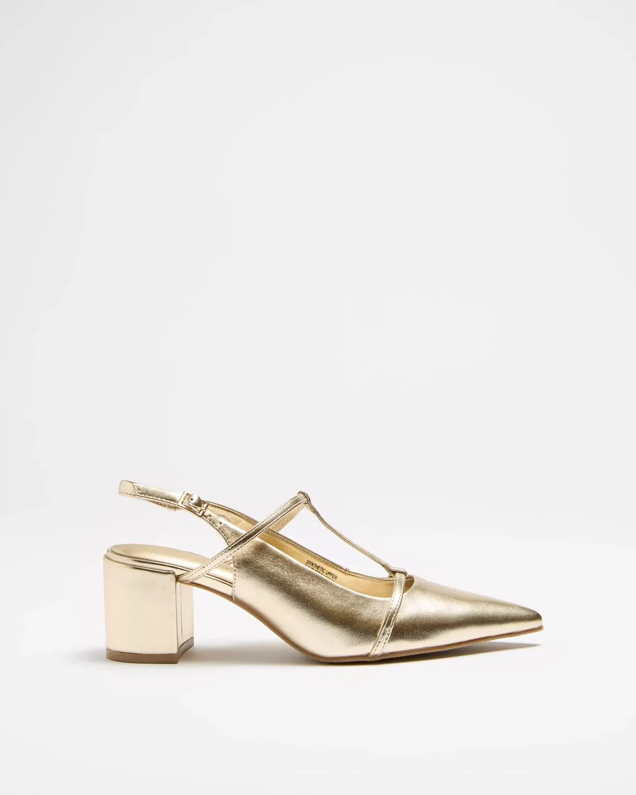 Womens T-Bar Point Block Heel - Darla II - Gold PU