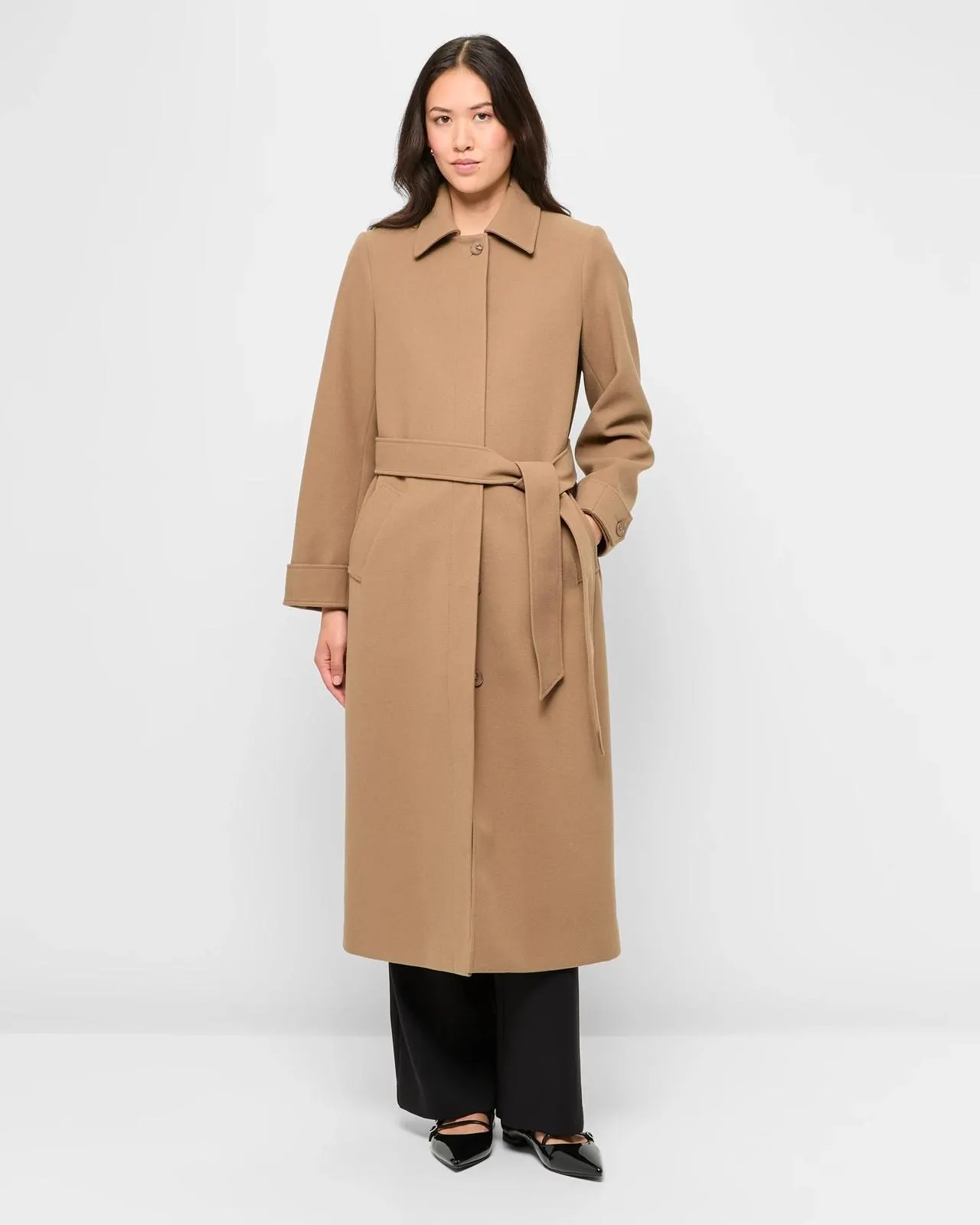 Longline Tie Waist Belted Coat - Preview - Oatmeal