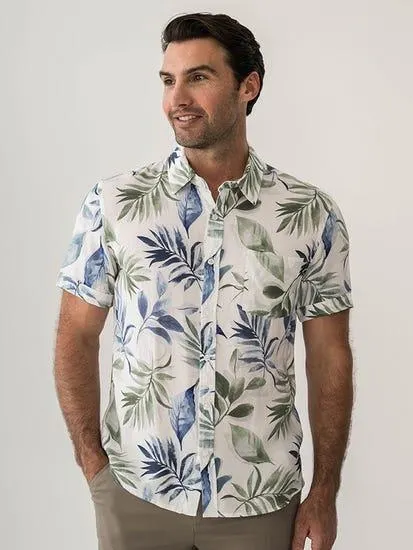 Pacifica Short Sleeve Rayon Shirt Watercolour Leaves White Green