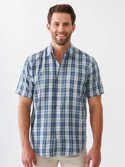 Mens Short Sleeve Shirt Blue Taupe Berry Check