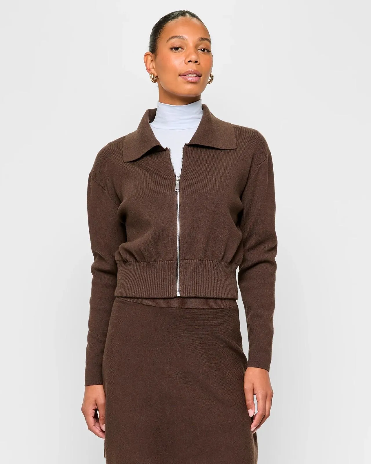 Long Sleeve Knit Zipped Bomber Jacket - Preview - Bitter Chocolate