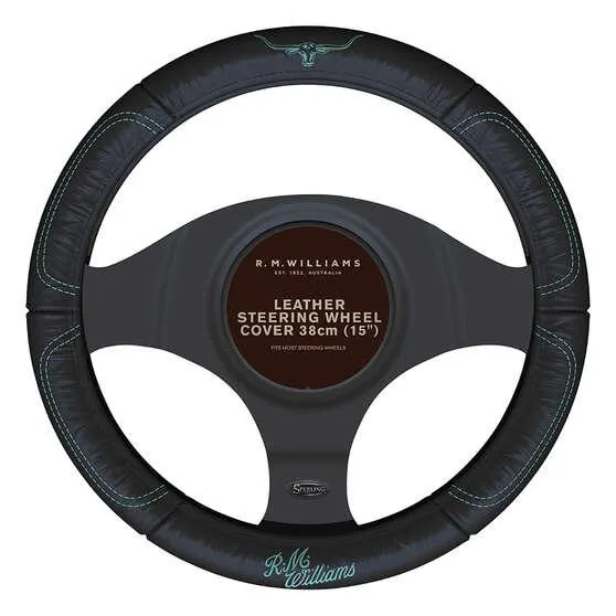 R.M.Williams Aqua Steering Wheel Cover Leather Black/Aqua 380mm Diameter