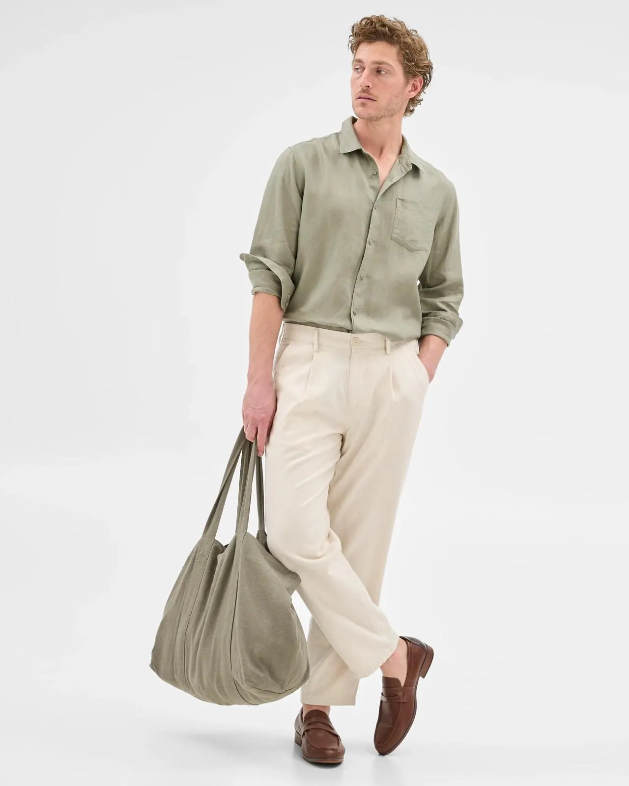 Australian Cotton Blend Pleated Pants - Light Stone