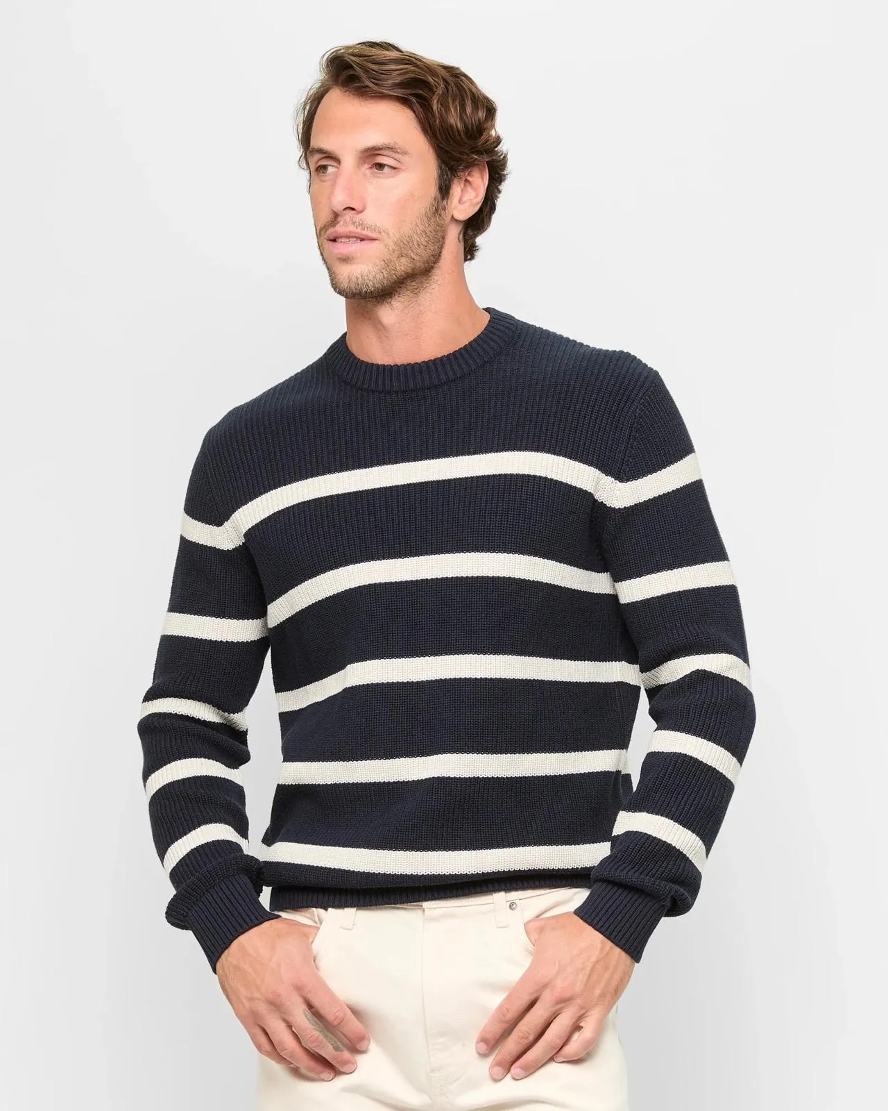 Australian Cotton Knit Fisherman Jumper - Navy / White Stripe