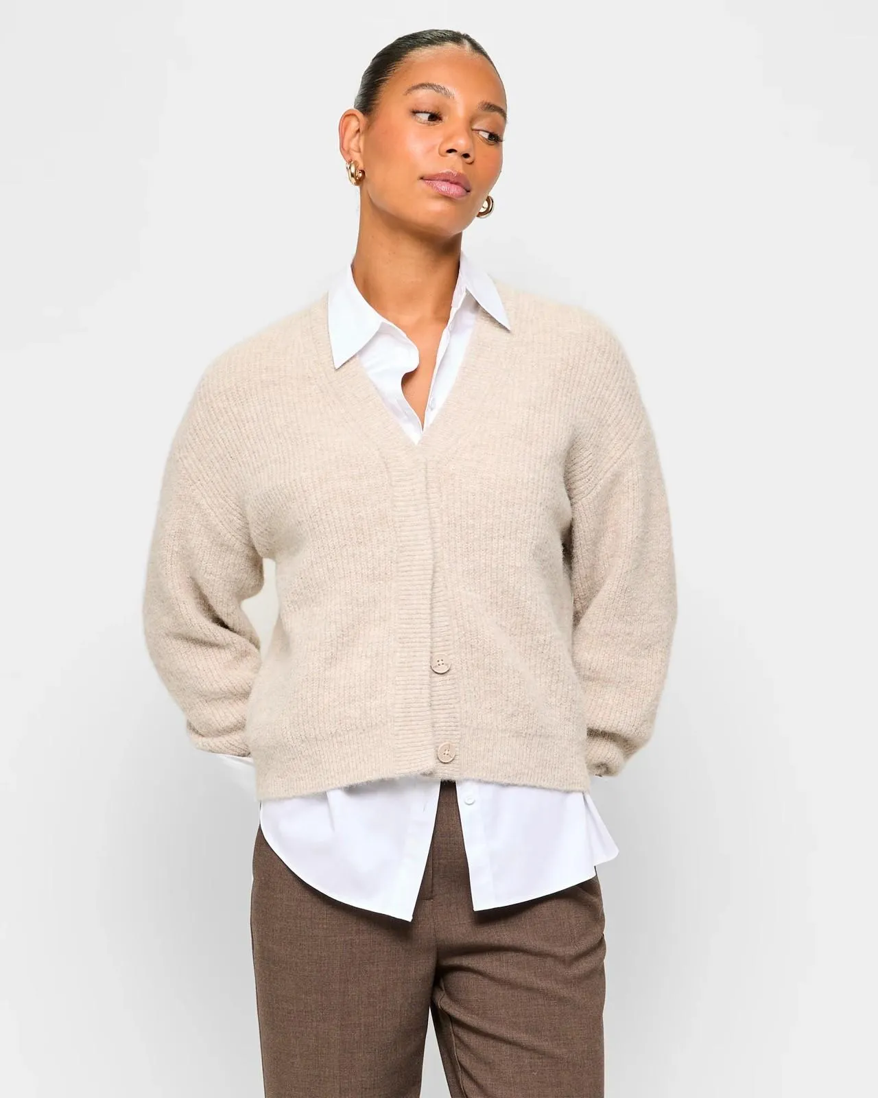 Long Sleeve Plush Balloon Cardigan - Preview - Cream Marle