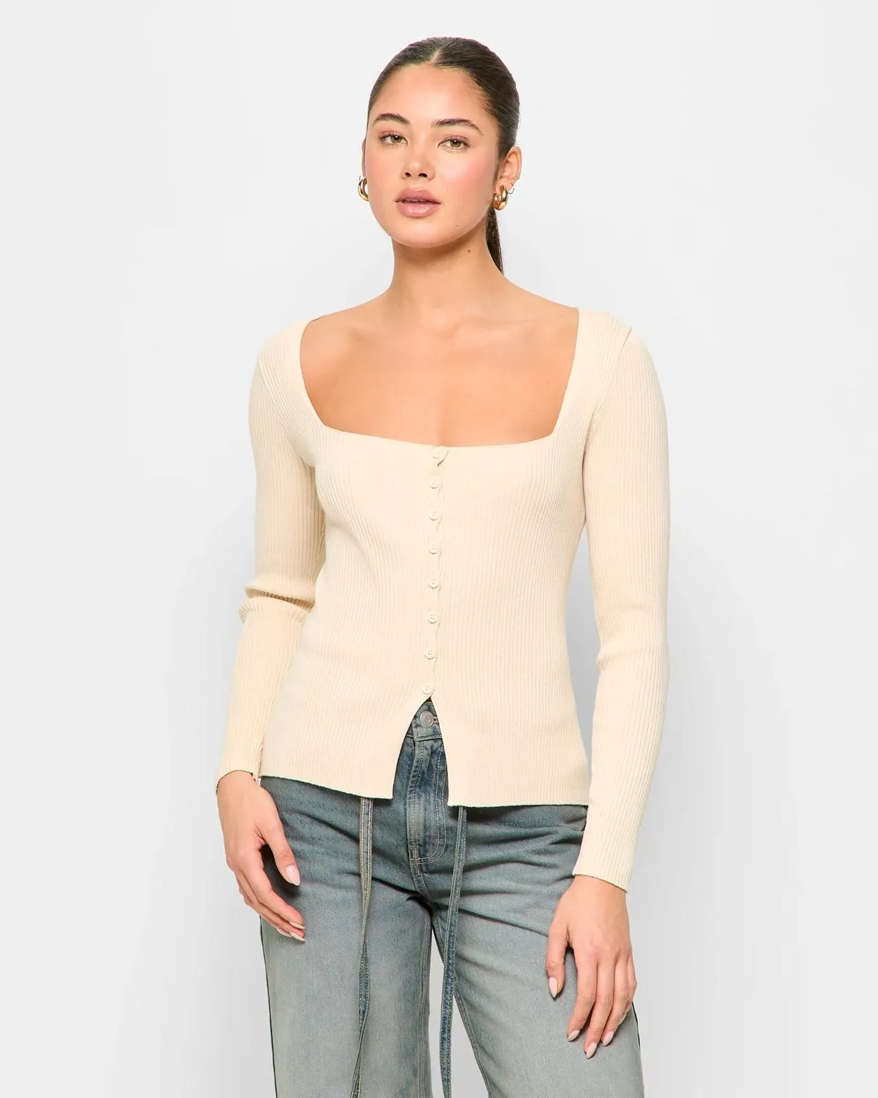 Button Front Knit Top - Lily Loves - Whitecap Grey