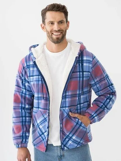 Hooded Sherpa Jacket Blue & Pink Check