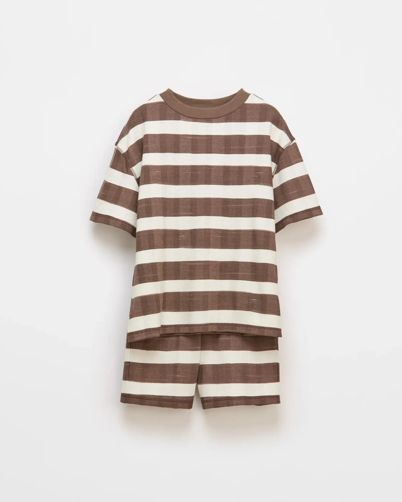 Australian Cotton Older Boys Waffle Short Pyjama Set - Brown/Cream Stripe