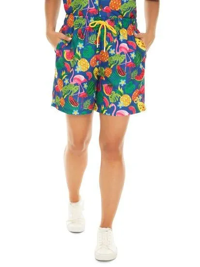 Unisex Matching Party Shorts Flamingo Fruit Salad Cobalt