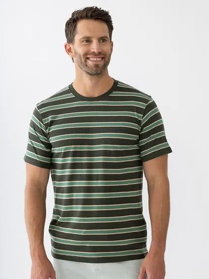 Mens Short Sleeve Stripe Tee Forest Vineyard Green & White Stripe