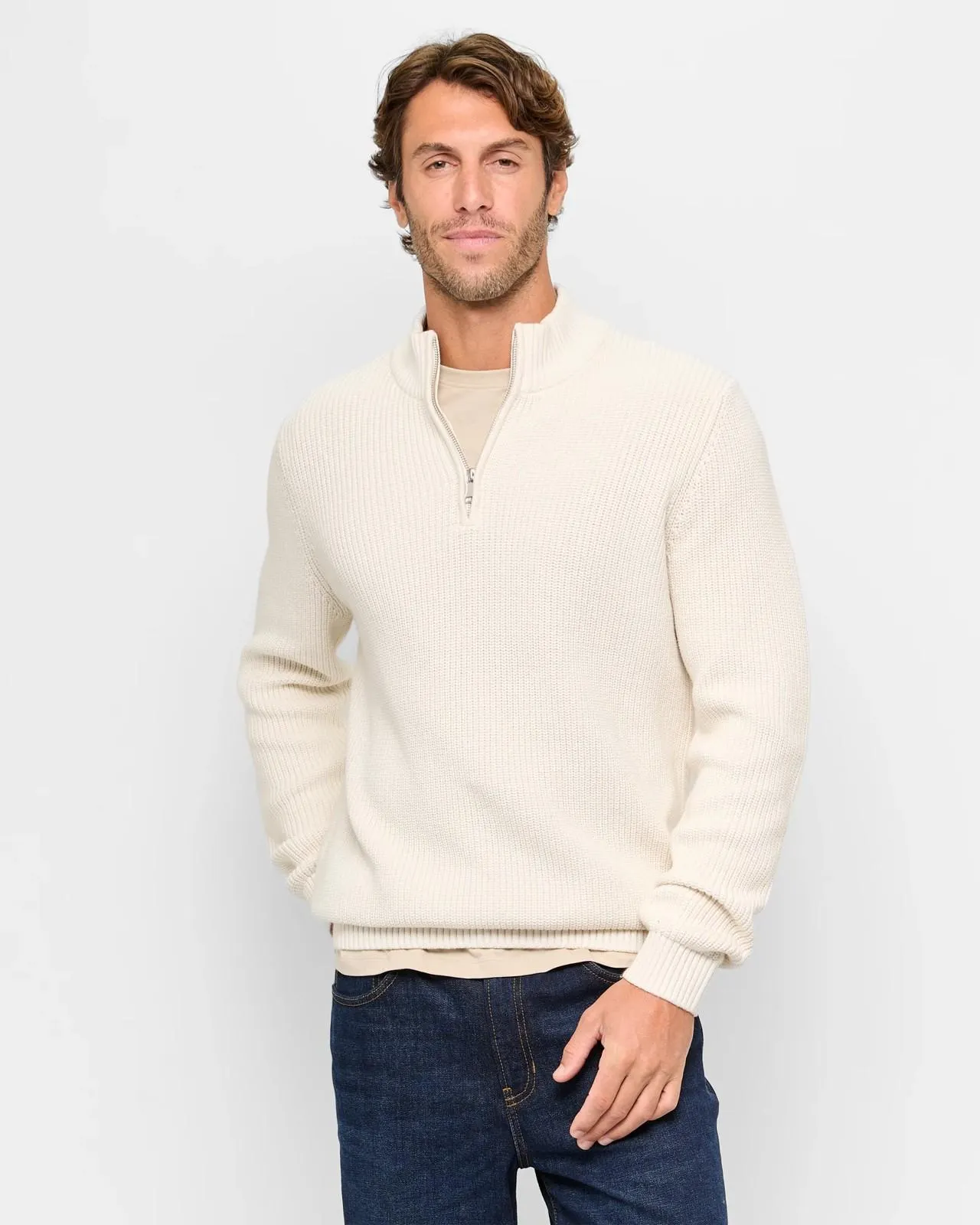 Australian Cotton 1/2 Zip Knit Jumper - Chalk