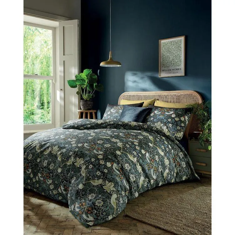 William Morris At Home Strawberry Thief Cotton Quilt Cover Set Blue