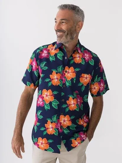 Pacifica Hawaaiian Shirt Navy Pink Orange Floral Print